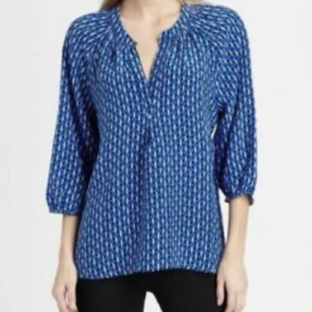 Joie Addie Blue Geometric Split Neck Blouse